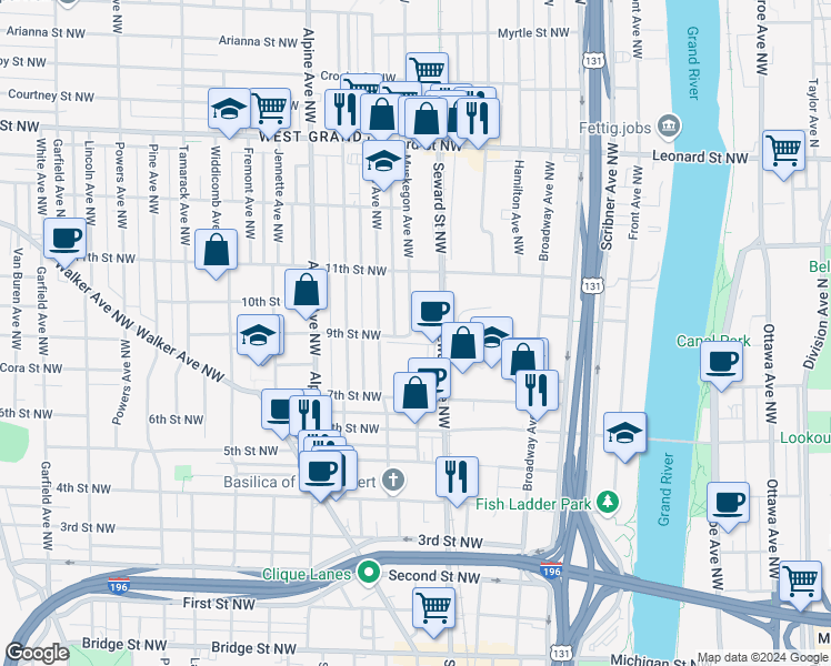 map of restaurants, bars, coffee shops, grocery stores, and more near 900 Muskegon Avenue Northwest in Grand Rapids