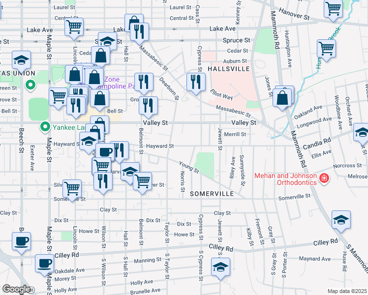 map of restaurants, bars, coffee shops, grocery stores, and more near 823 Hayward Street in Manchester