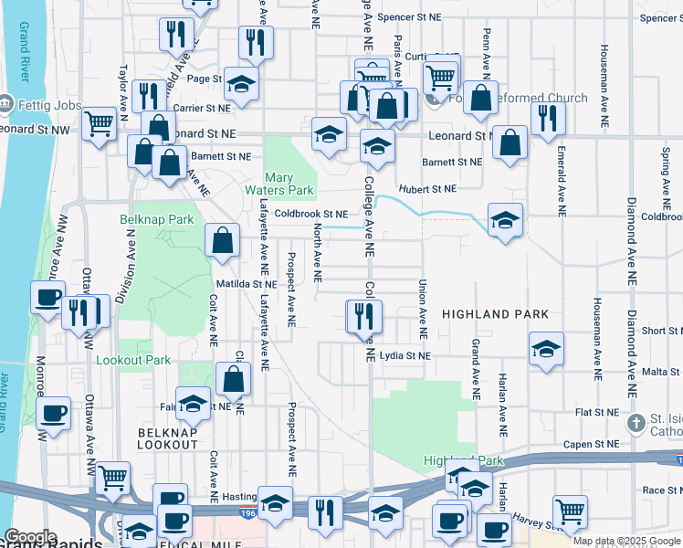 map of restaurants, bars, coffee shops, grocery stores, and more near 409 Shirley Street Northeast in Grand Rapids
