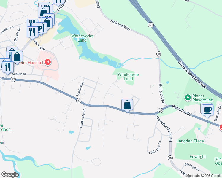 map of restaurants, bars, coffee shops, grocery stores, and more near 15 Windemere Lane in Exeter