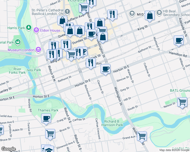 map of restaurants, bars, coffee shops, grocery stores, and more near 259 Clarence Street in London