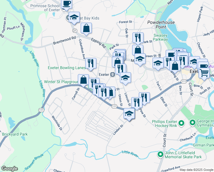 map of restaurants, bars, coffee shops, grocery stores, and more near 27 Garfield Street in Exeter