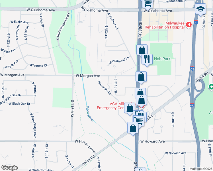 map of restaurants, bars, coffee shops, grocery stores, and more near 11215 West Morgan Avenue in Greenfield