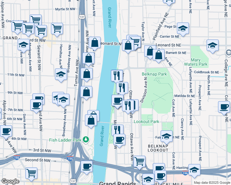 map of restaurants, bars, coffee shops, grocery stores, and more near 941 Monroe Avenue Northwest in Grand Rapids