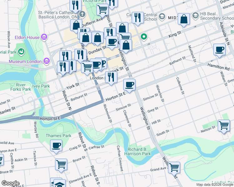 map of restaurants, bars, coffee shops, grocery stores, and more near 259 Clarence Street in London