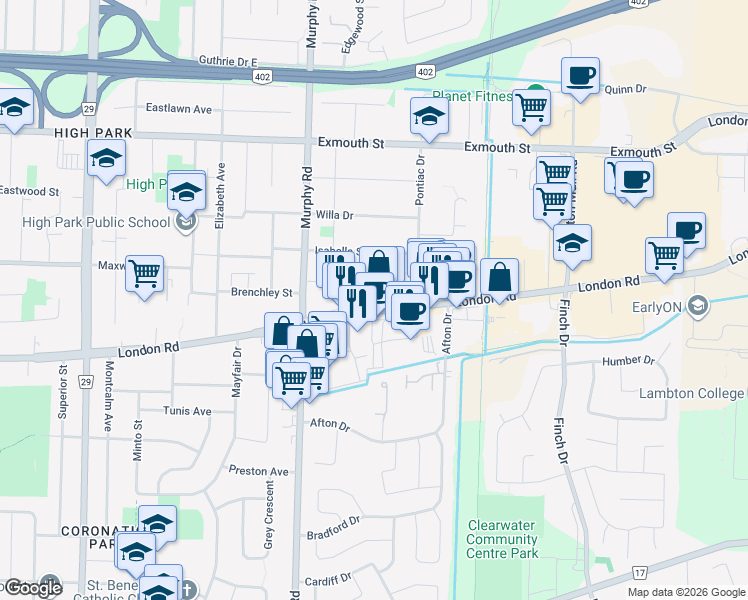 map of restaurants, bars, coffee shops, grocery stores, and more near 1182 London Road in Sarnia