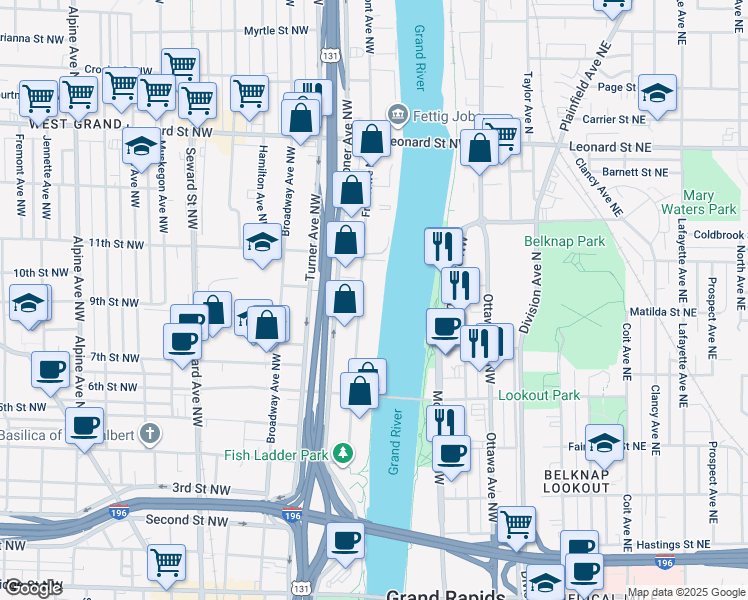 map of restaurants, bars, coffee shops, grocery stores, and more near 936 Front Avenue Northwest in Grand Rapids