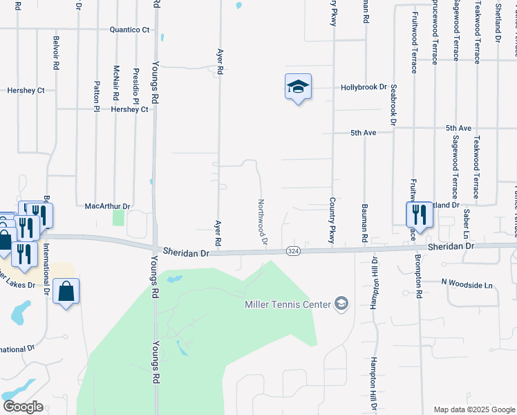 map of restaurants, bars, coffee shops, grocery stores, and more near 2123 Northwood Drive in Buffalo