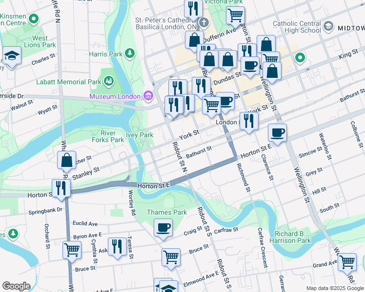 map of restaurants, bars, coffee shops, grocery stores, and more near 57 York Street in London