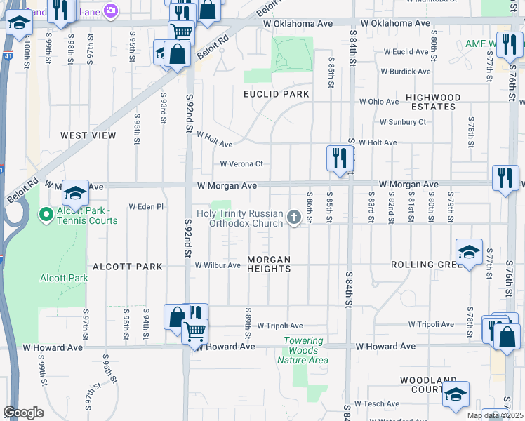 map of restaurants, bars, coffee shops, grocery stores, and more near 3575 South 88th Street in Milwaukee