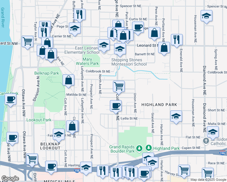 map of restaurants, bars, coffee shops, grocery stores, and more near 446 Walnut Street Northeast in Grand Rapids
