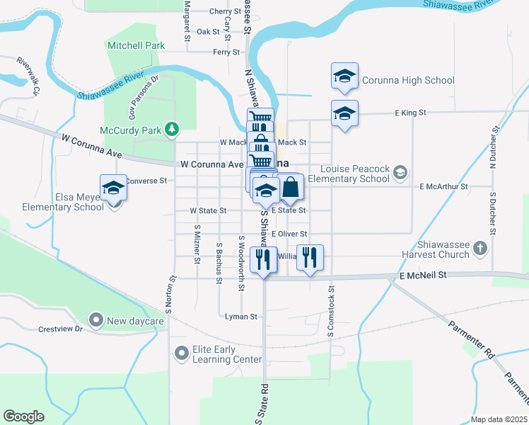 map of restaurants, bars, coffee shops, grocery stores, and more near 106 South Shiawassee Street in Corunna