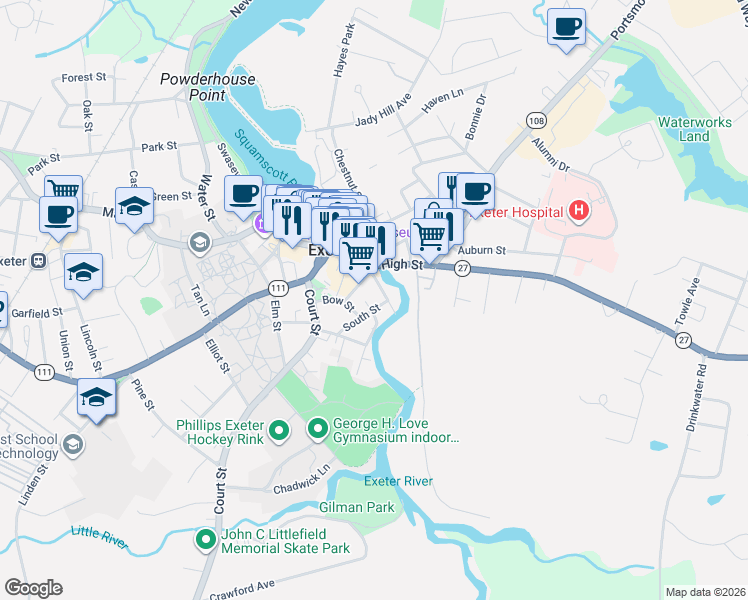 map of restaurants, bars, coffee shops, grocery stores, and more near 10 South Street in Exeter