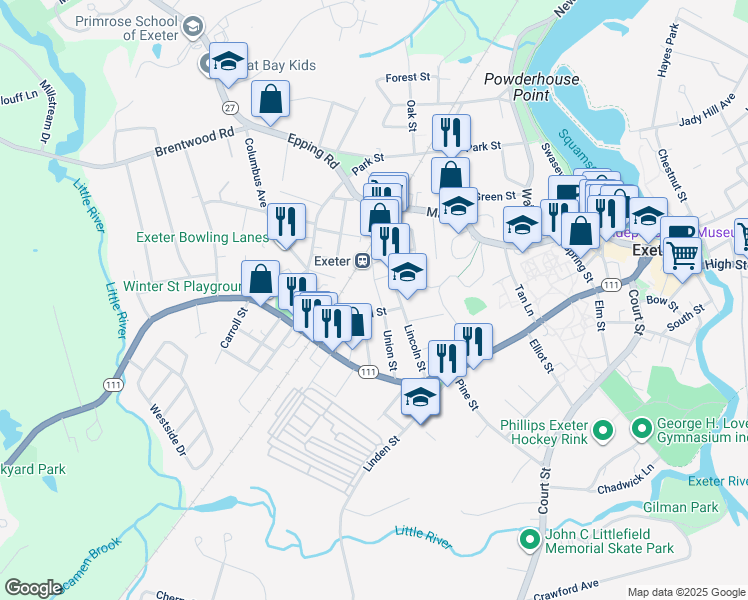 map of restaurants, bars, coffee shops, grocery stores, and more near 2 Garfield Street in Exeter