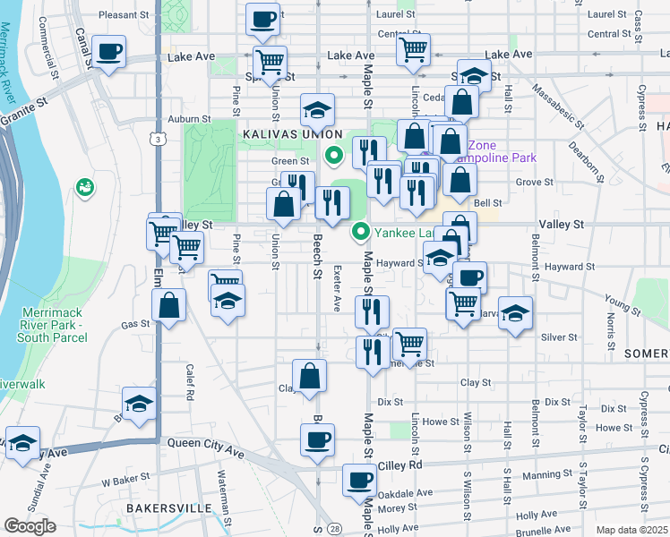 map of restaurants, bars, coffee shops, grocery stores, and more near 356 Prescott Street in Manchester
