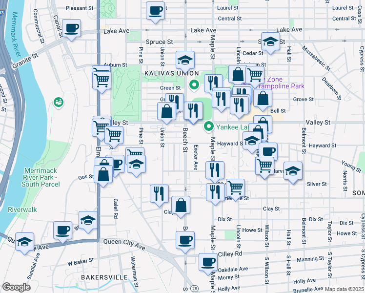 map of restaurants, bars, coffee shops, grocery stores, and more near 194 Beech Street in Manchester