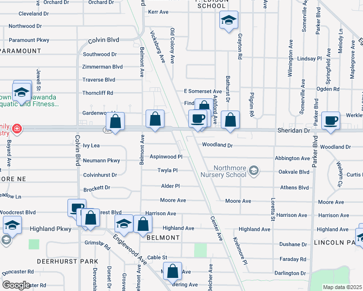 map of restaurants, bars, coffee shops, grocery stores, and more near 106 Aspinwood Place in Buffalo