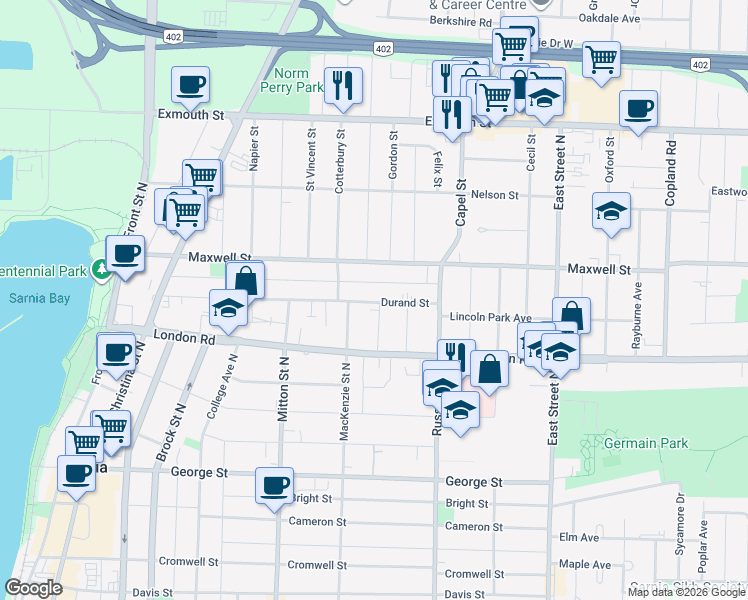 map of restaurants, bars, coffee shops, grocery stores, and more near 309 Durand Street in Sarnia