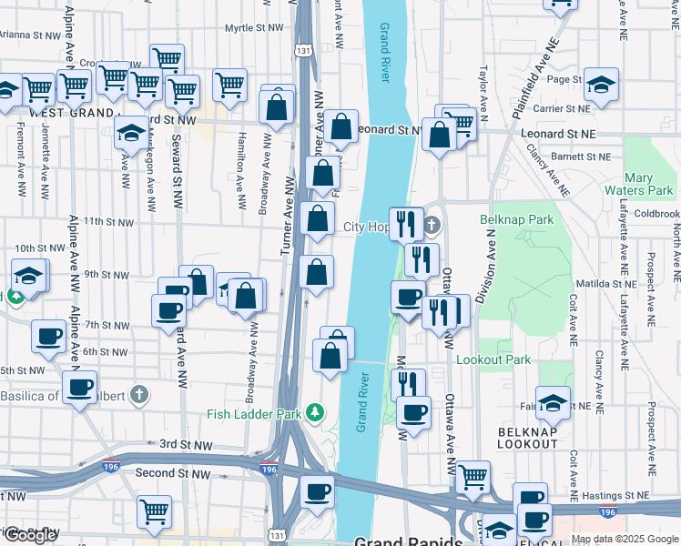 map of restaurants, bars, coffee shops, grocery stores, and more near 936 Front Avenue Northwest in Grand Rapids