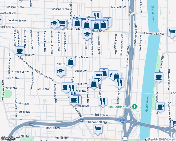 map of restaurants, bars, coffee shops, grocery stores, and more near 900-998 Muskegon Avenue Northwest in Grand Rapids