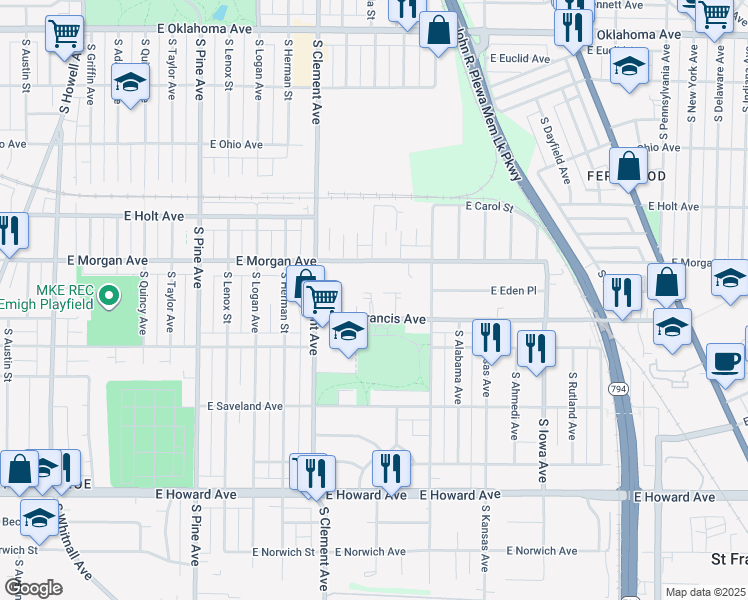 map of restaurants, bars, coffee shops, grocery stores, and more near 1320 East Warnimont Avenue in Milwaukee