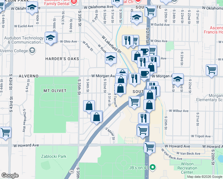 map of restaurants, bars, coffee shops, grocery stores, and more near 3576 South 32nd Street in Greenfield