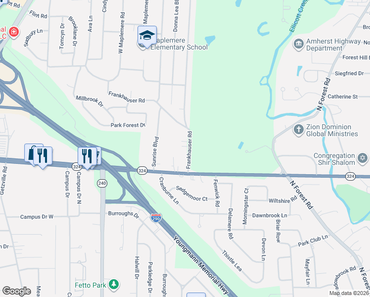 map of restaurants, bars, coffee shops, grocery stores, and more near 66 Frankhauser Road in Buffalo