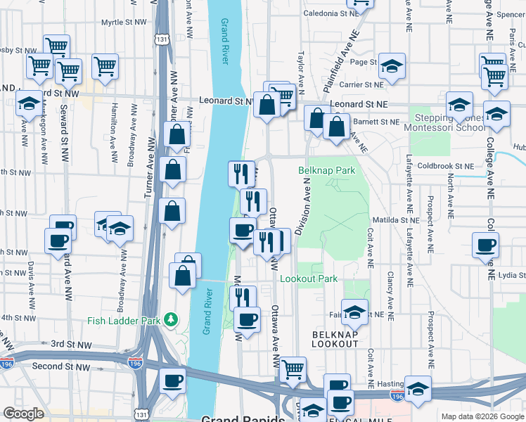 map of restaurants, bars, coffee shops, grocery stores, and more near 973 Ottawa Avenue Northwest in Grand Rapids