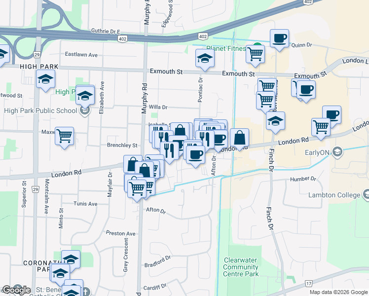 map of restaurants, bars, coffee shops, grocery stores, and more near 1182 London Road in Sarnia
