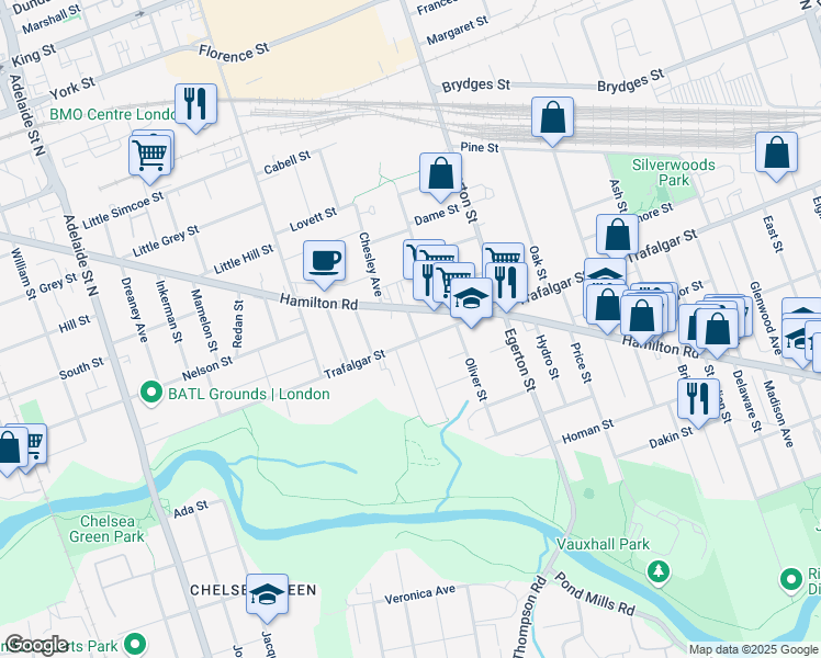 map of restaurants, bars, coffee shops, grocery stores, and more near 117 Smith Street in London