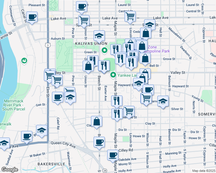 map of restaurants, bars, coffee shops, grocery stores, and more near 347 Hayward Street in Manchester