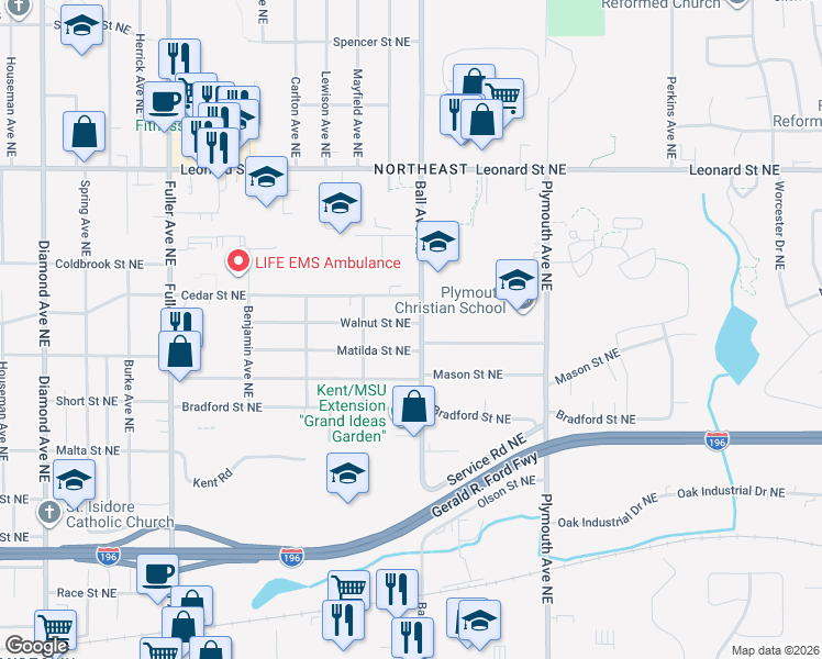 map of restaurants, bars, coffee shops, grocery stores, and more near 1538 Walnut Street Northeast in Grand Rapids