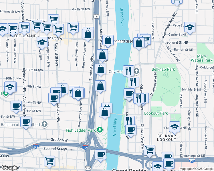 map of restaurants, bars, coffee shops, grocery stores, and more near 936 Front Avenue Northwest in Grand Rapids