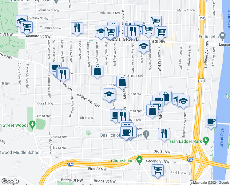 map of restaurants, bars, coffee shops, grocery stores, and more near 833 9th Street Northwest in Grand Rapids