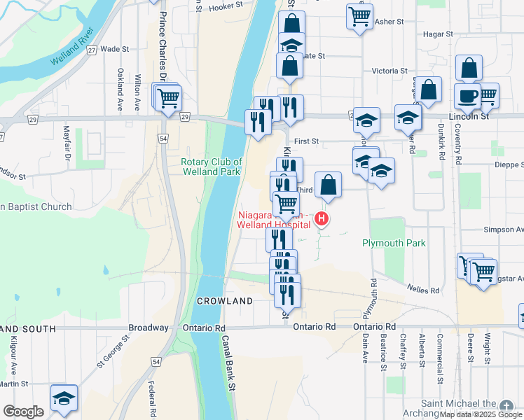 map of restaurants, bars, coffee shops, grocery stores, and more near 30 Fourth Street in Welland