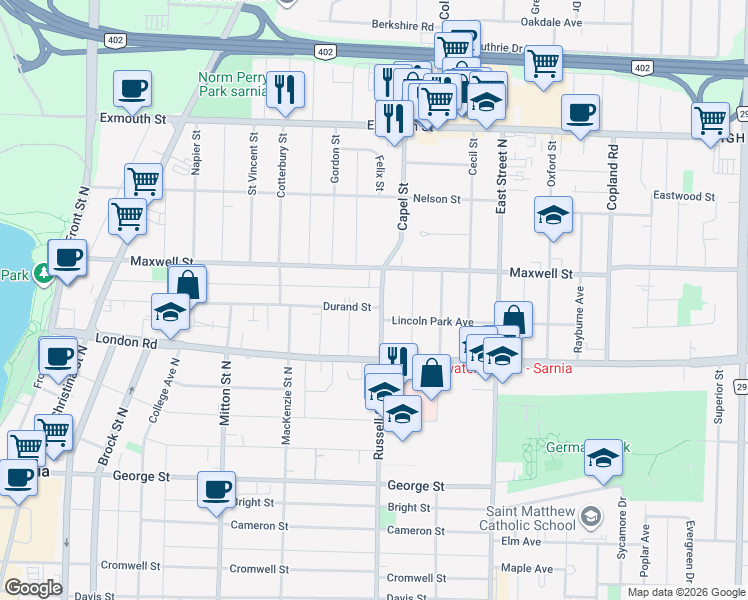 map of restaurants, bars, coffee shops, grocery stores, and more near 348 Durand Street in Sarnia