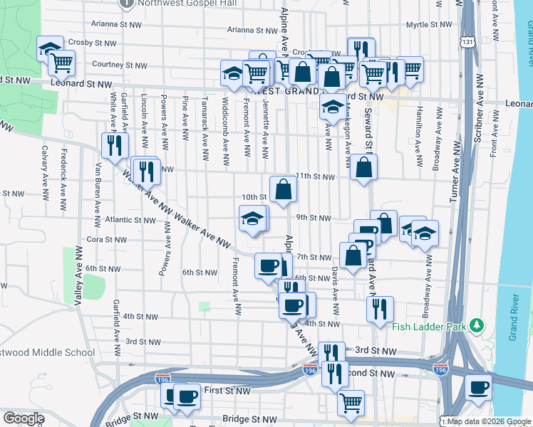 map of restaurants, bars, coffee shops, grocery stores, and more near 835 9th Street Northwest in Grand Rapids