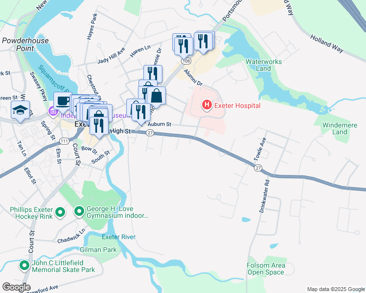 map of restaurants, bars, coffee shops, grocery stores, and more near 10 Gardner Street in Exeter