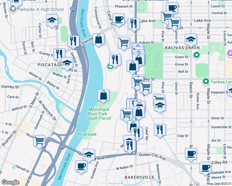 map of restaurants, bars, coffee shops, grocery stores, and more near 79 Riverwalk Way in Manchester