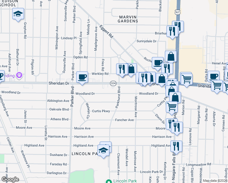 map of restaurants, bars, coffee shops, grocery stores, and more near 753 Parkhurst Boulevard in Buffalo