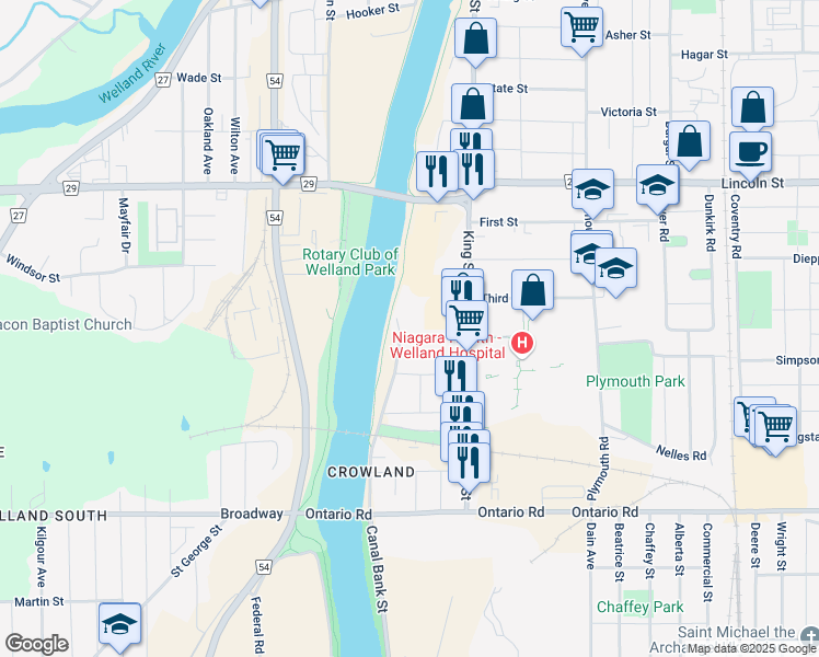 map of restaurants, bars, coffee shops, grocery stores, and more near 5 Fourth Street in Welland