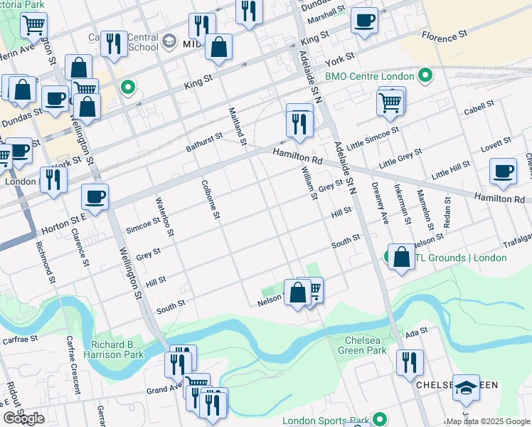 map of restaurants, bars, coffee shops, grocery stores, and more near in London