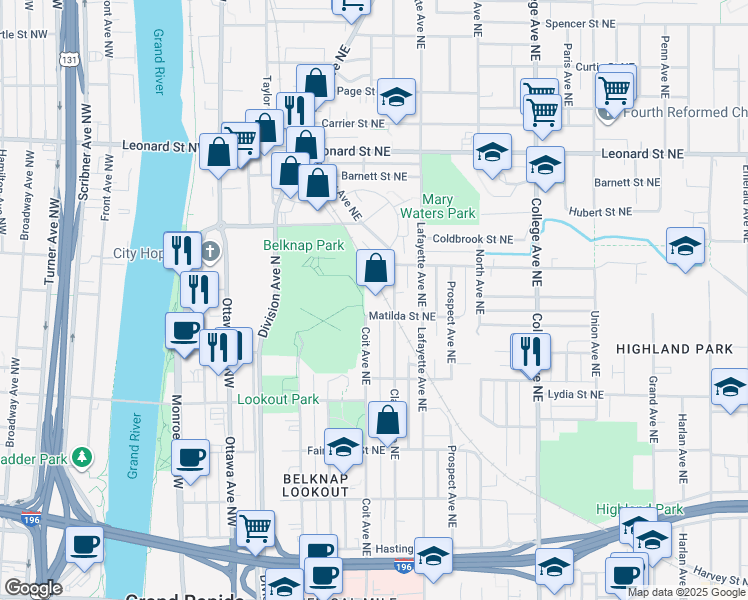 map of restaurants, bars, coffee shops, grocery stores, and more near 863 Clancy Avenue Northeast in Grand Rapids