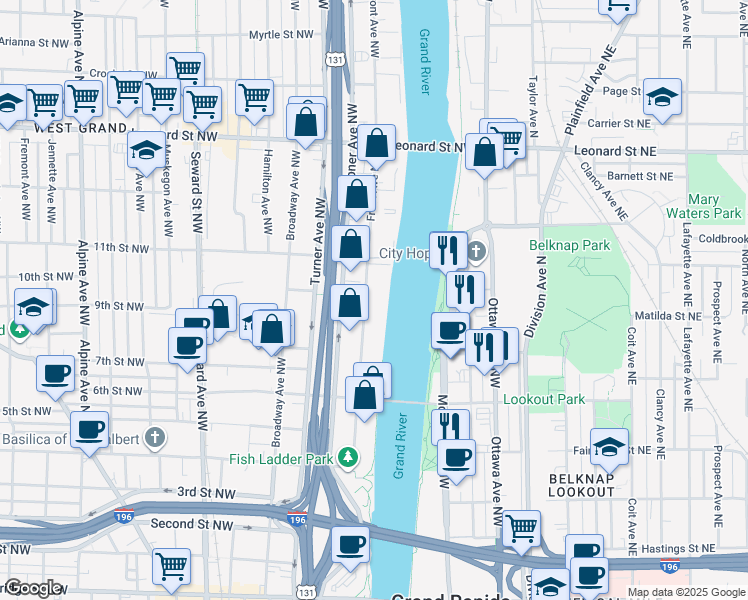 map of restaurants, bars, coffee shops, grocery stores, and more near 936 Front Avenue Northwest in Grand Rapids