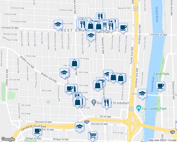 map of restaurants, bars, coffee shops, grocery stores, and more near 710 9th Street Northwest in Grand Rapids