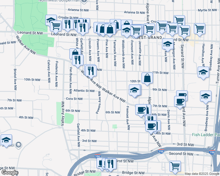 map of restaurants, bars, coffee shops, grocery stores, and more near 1021 Walker Avenue Northwest in Grand Rapids