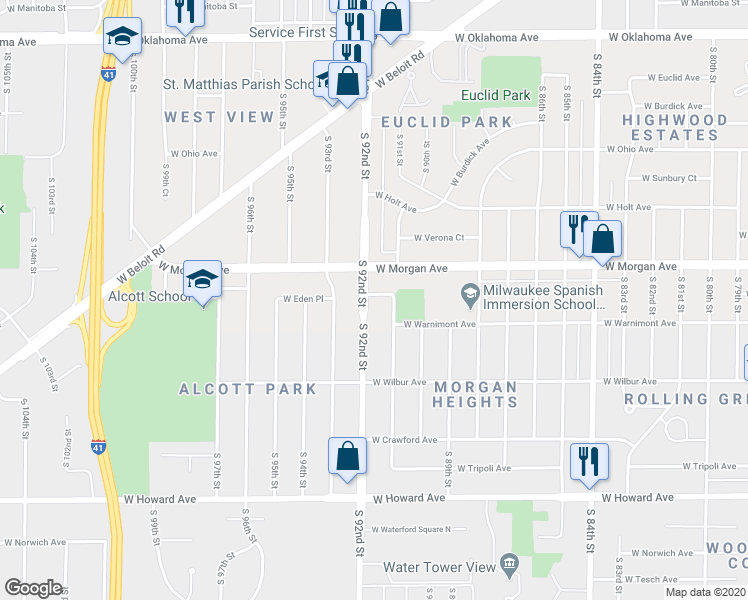 map of restaurants, bars, coffee shops, grocery stores, and more near 3562 South 92nd Street in Milwaukee