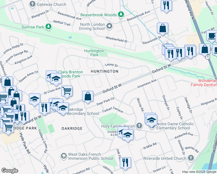 map of restaurants, bars, coffee shops, grocery stores, and more near 714 Guildwood Boulevard in London