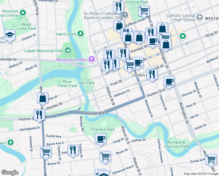 map of restaurants, bars, coffee shops, grocery stores, and more near 57 York Street in London