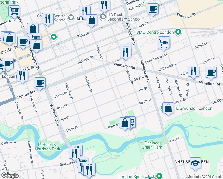 map of restaurants, bars, coffee shops, grocery stores, and more near 469 Grey Street in London